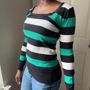 Multi Striped Sweater with Green Accent and Long Sleeves Women's Fashion